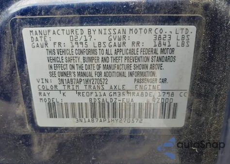 2017 Nissan Sentra Sv z USA, uszkodzony, nr VIN 3N1AB7AP1HY270572